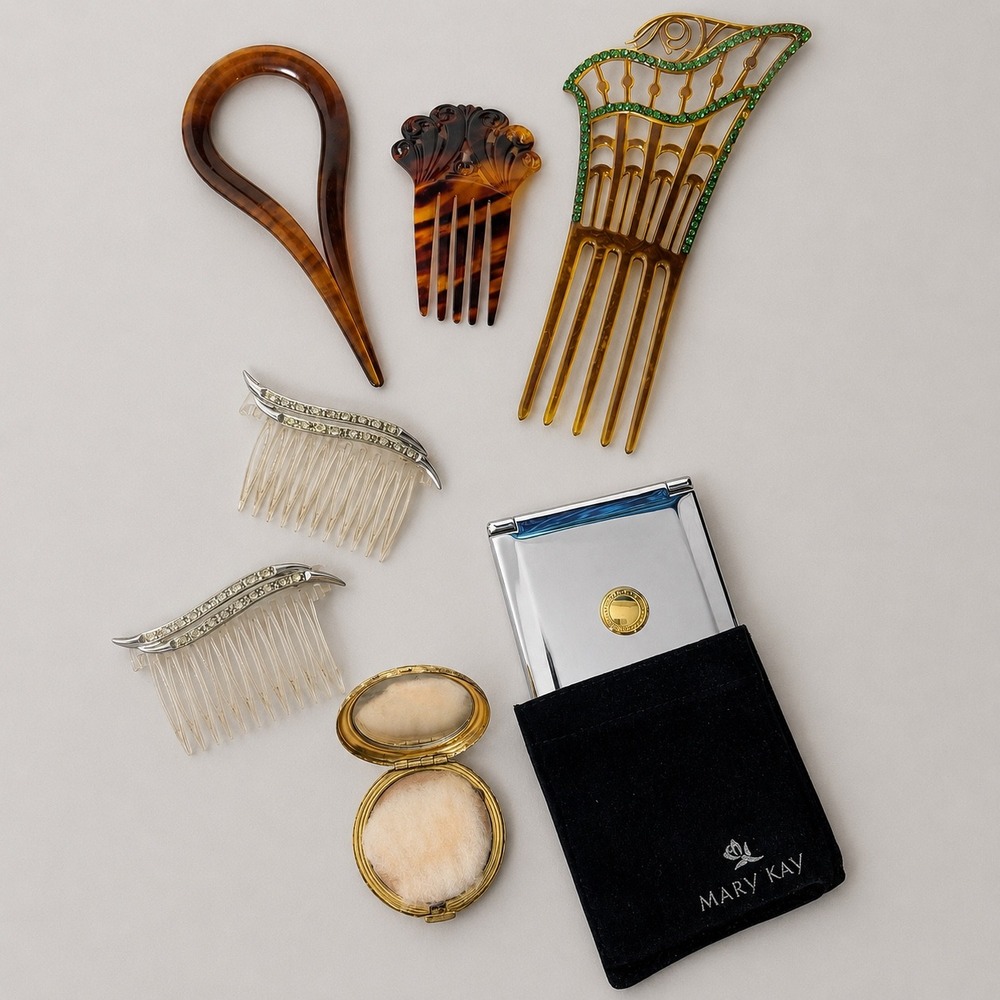 Vintage Vanity Set Mary Kay Compact Rhinestone Hair Combs Tortoiseshell Lot